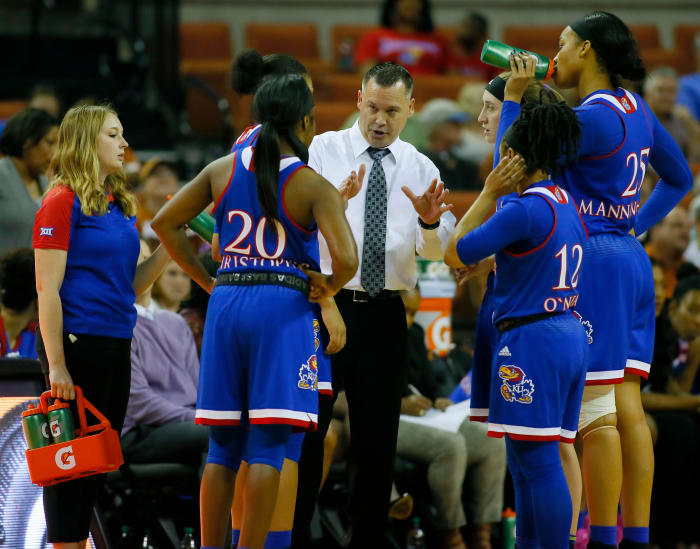 Feb 11, 2017; Austin, TX, USA; Kansas Jayhawks head coach Brandon Schneider on the sidelines against the University of Texas Longhorns at the Frank Erwin Center. Mandatory Credit: Erich Schlegel-USA TODAY Sports
